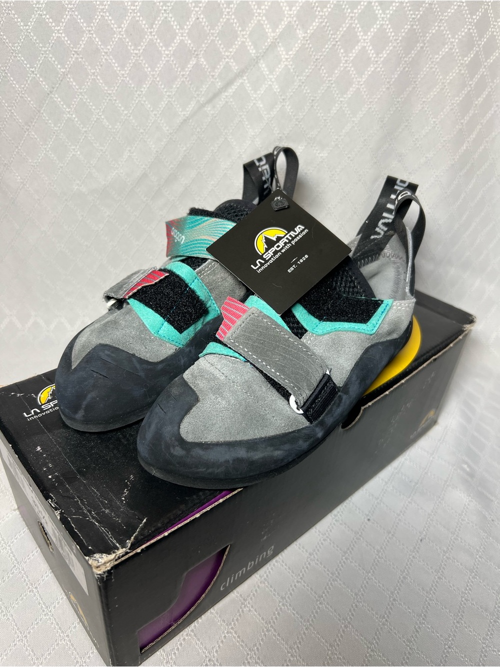 La Sportiva Grey Teal Pink Women's Aragon Climbing Shoes